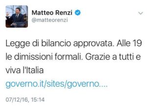 Renzi si dimette ufficialmente