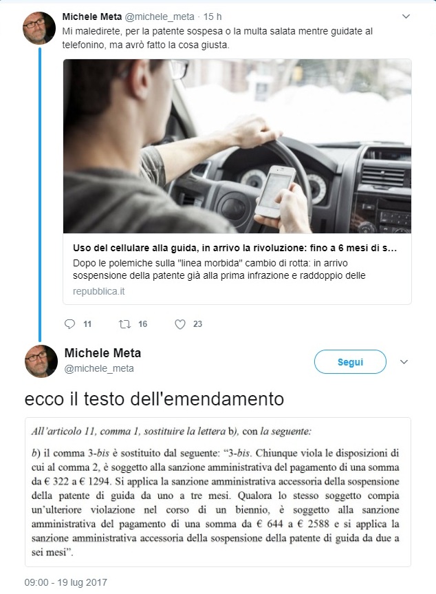 tweet Meta cellulare al volante